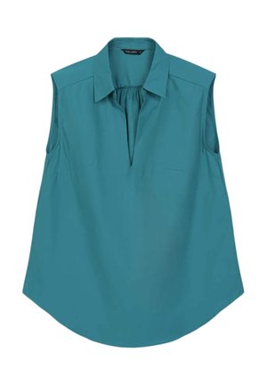 Blusa senza maniche color turchese con colletto, piega frontale e tasche. Il tessuto morbido e l'orlo curvo arricchiscono il design.