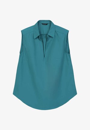 Blusa senza maniche color turchese con colletto, piega frontale e tasche. Il tessuto morbido e l'orlo curvo arricchiscono il design.