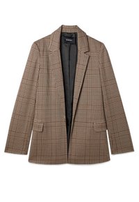 Bruin-zwart houndstooth colbert met piek revers, twee voorzakken en een zwarte binnenvoering. Getailleerde pasvorm met gestructureerde schouders.