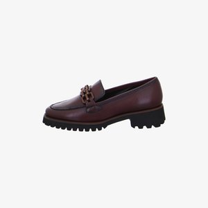 Mørkebrune læder loafers med chunky sort sål og dekorativ kædedetalje på toppen, set fra siden.