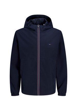 Marineblaue Kapuzenjacke mit Frontreißverschluss, verziert mit rotem, weißem und blauem Besatz, elastischen Bündchen und kleinem Logo auf der Brust.