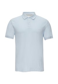 Jasnoniebieska koszulka polo wykonana z teksturowanej tkaniny, z kołnierzykiem, zapięciem na dwa guziki i delikatnym logo na piersi. Krótkie rękawy.