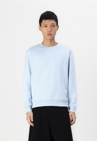 Light blue cotton sweatshirt with long sleeves, ribbed neckline, and cuffs. Features a subtle texture and relaxed fit.