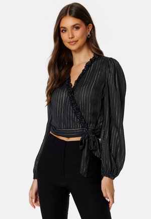 Bubbleroom FRILL DETAIL L/S WRAP BLOUSE - Blouse - black