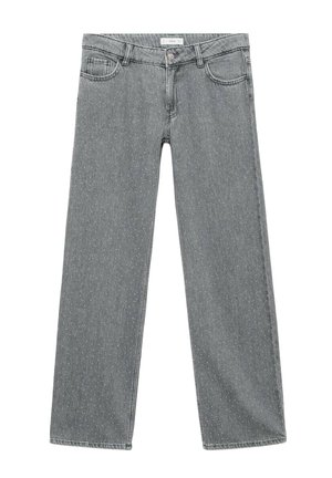 Graue Denim-Jeans mit geradem Beinschnitt, ausgestattet mit subtilen strukturierten Details und klassischem Fünf-Taschen-Design. Standard-Knopfverschluss.