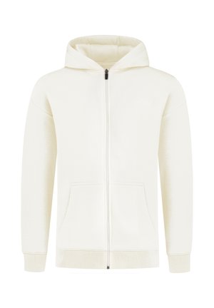 Hvid lynlås-hoodie lavet af blødt materiale, med en hætte med snor, to forlommer og ribbede manchetter og kant.