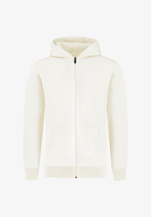 Weißer Kapuzenpullover mit Reißverschluss aus weichem Material, ausgestattet mit einer verstellbaren Kapuze, zwei Fronttaschen sowie gerippten Bündchen und Saum.