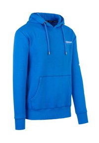 Blauwe hoodie gemaakt van zachte stof, met een voorzak, trekkoorden en een logo op de borst. Geribbelde manchetten en zoom.
