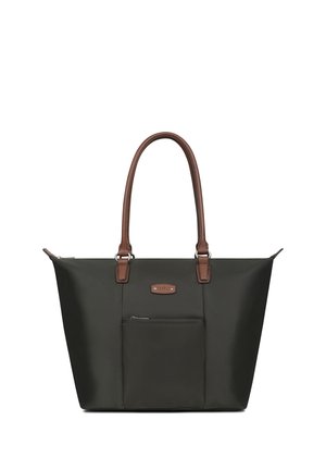 Sac cabas noir avec poignées marron, poche zippée à l'avant et petite étiquette logo marron, présenté sur fond blanc.