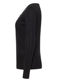 Schwarzer Pullover mit langen Ärmeln und gerippter Textur, der vertikale Linien und kleine dekorative Löcher aufweist, entworfen um eng an der Taille anzuliegen.