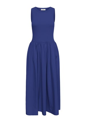 Varrukateta kuninglik sinine maksikleidi, millel on tihedalt istuv soonikkoes ülaosa ja kogutud voolav seelik.