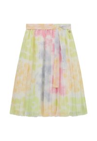 Gonna plissettata in tessuto leggero, con vita legata e motivo tie-dye nei colori pastello: rosa, giallo, verde e blu.