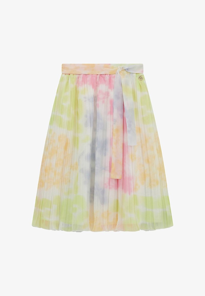 Pleated skirt in lightweight fabric, featuring a tie waist and a tie-dye pattern with pastel colors: pink, yellow, green, and blue.