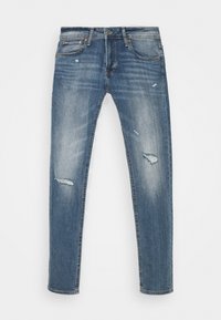Blå denimjeans med smal passform, med subtil slitage och whiskering. Standard femficksdesign med kopparfärgad metalldetaljer.