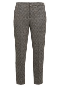 Pánské slim fit kalhoty s šedým a černým kostkovaným vzorem, s předními kapsami a poutky na opasek, vystavené na bílém pozadí.