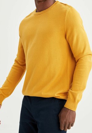 Uomo che indossa un maglione giallo senape a maniche lunghe e pantaloni scuri, in piedi con un braccio leggermente piegato davanti a uno sfondo semplice.