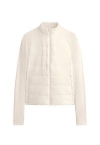 Puffer jacket in cream color, featuring a high neck, full zip front, and ribbed sleeves. Made from lightweight, smooth material with quilted texture.