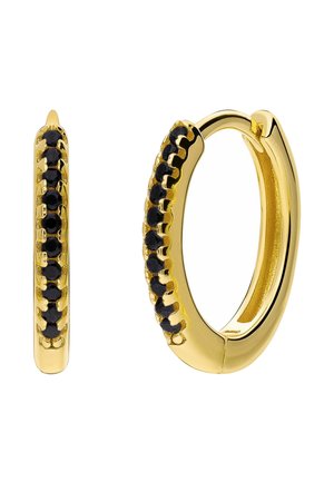 Gouden hoepel oorbellen met een rij kleine zwarte stenen langs de buitenrand, gezien van voren en van opzij.