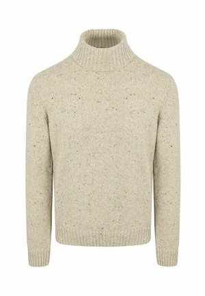 Beige knit turtleneck sweater with a textured pattern and ribbed cuffs and collar. Made from a soft, warm material with subtle speckles.