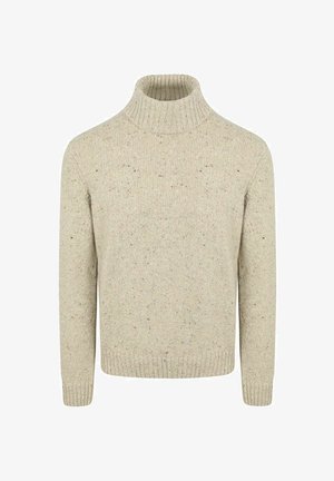 Beige knit turtleneck sweater with a textured pattern and ribbed cuffs and collar. Made from a soft, warm material with subtle speckles.