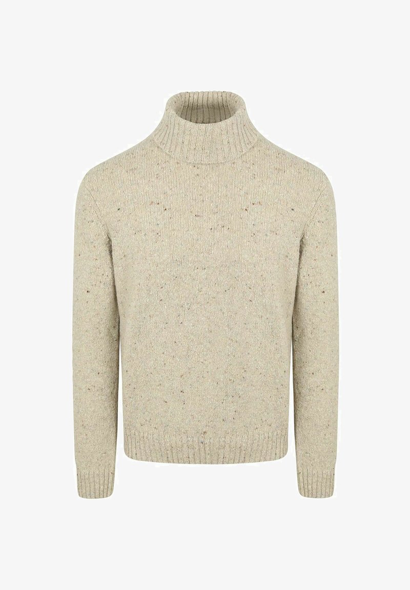 Beige knit turtleneck sweater with a textured pattern and ribbed cuffs and collar. Made from a soft, warm material with subtle speckles.