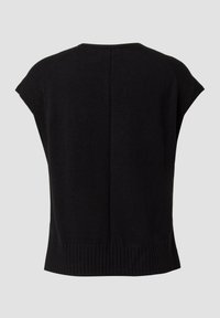 Czarny sweter z krótkim rękawem, z prążkowanym dołem i gładką fakturą, z szwem biegnącym wzdłuż środka pleców dla dodatkowego detalu.