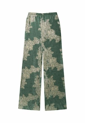 Pantalons larges à motifs verts avec une finition texturée. Présentent un design floral métallique doré sur le tissu et une taille élastique.