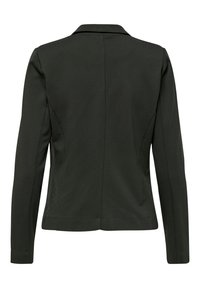 Blazer vert foncé ajusté avec un col cranté, des manches longues et un tissu lisse ; présente un dos épuré avec des coutures discrètes.