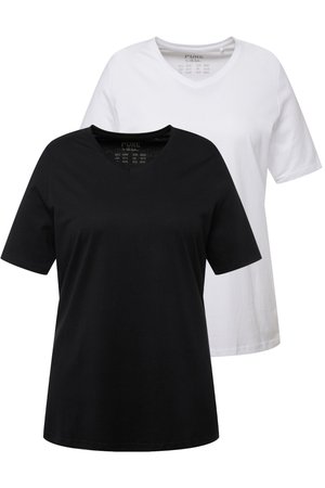 To ensfarvede T-shirts med kortærmet, den ene sort med rund halsudskæring og den anden hvid med V-udskæring, vist forfra.