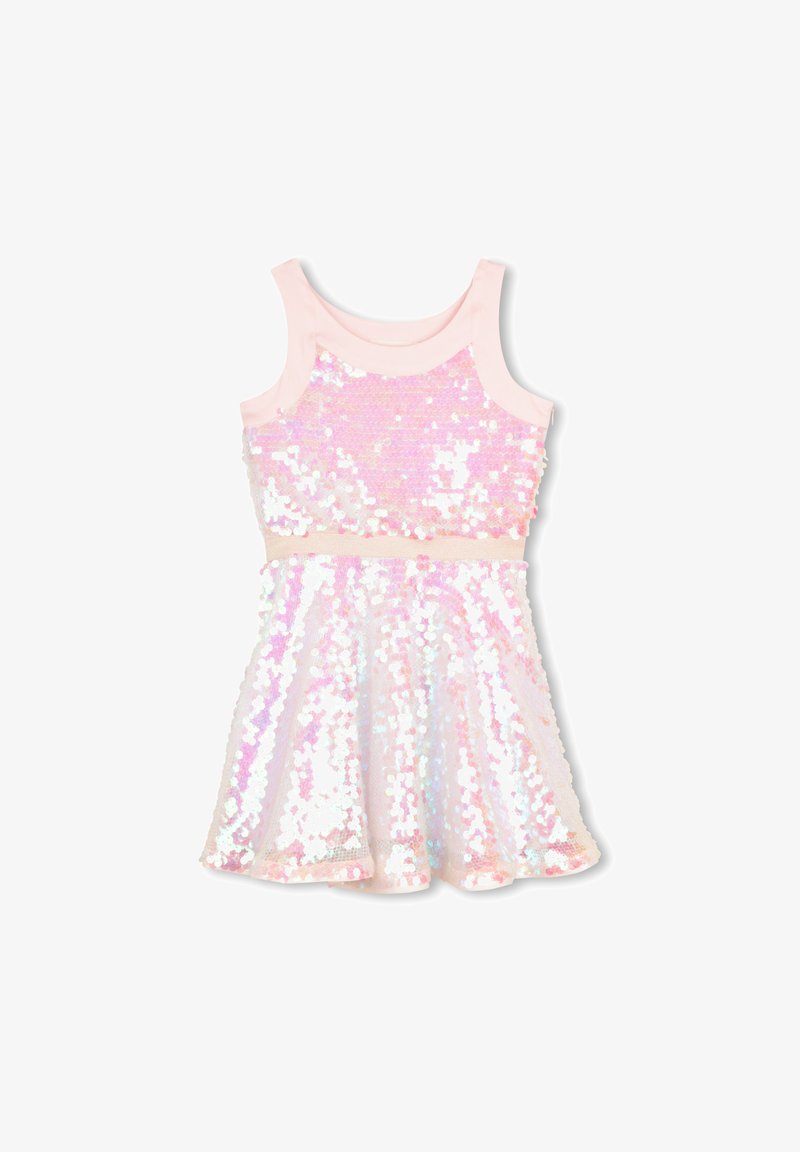 Sequin dress with a pink tank top bodice, a flared skirt, and a banded waist. Features shiny iridescent sequins throughout.
