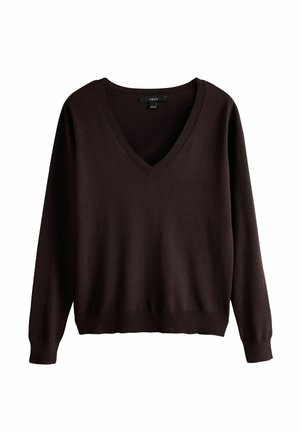 Dunkelbrauner Langarm-Pullover mit V-Ausschnitt und gerippten Bündchen und Saum, auf weißem Hintergrund präsentiert.
