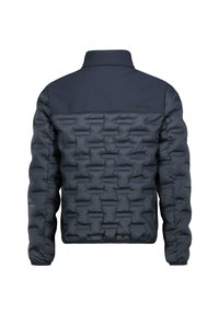 Dunkelblaue gesteppte Jacke mit gepolstertem, geometrischem Muster und einfarbigem Stoff im oberen Rücken- und Schulterbereich, langen Ärmeln und hohem Kragen.