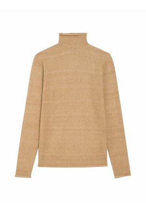 Beżowy sweter z golfem wykonany z miękkiego materiału. Posiada długie rękawy i ściągacze w prążki z wyraźną strukturą. Czysta i prosta sylwetka.