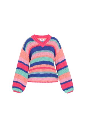 Multikleurige gestreepte trui in gebreide textuur, met een V-hals en brede, ballonmouwen. Voorkeurskleuren: roze, blauw, groen.