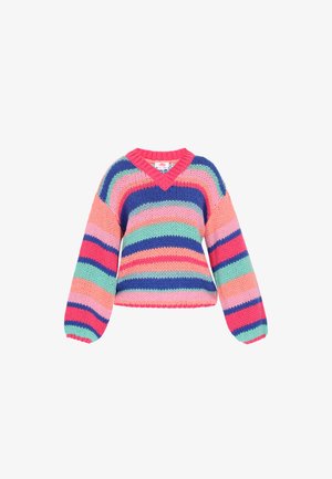 Mehrfarbiger gestreifter Pullover in Strickstruktur, mit V-Ausschnitt und weiten Ballonärmel. Hauptfarben: rosa, blau, grün.