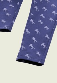 Leggings bleu marine en mélange de coton, arborant un motif de chevaux violet clair répété, avec une texture lisse et une coupe ajustée.