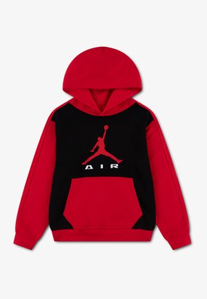 Sweat à capuche rouge et noir avec poche avant, silhouette Jumpman blanche et texte "AIR" sur la poitrine.