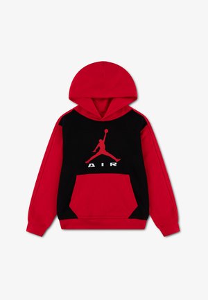 Sweat à capuche rouge et noir avec poche avant, silhouette Jumpman blanche et texte "AIR" sur la poitrine.