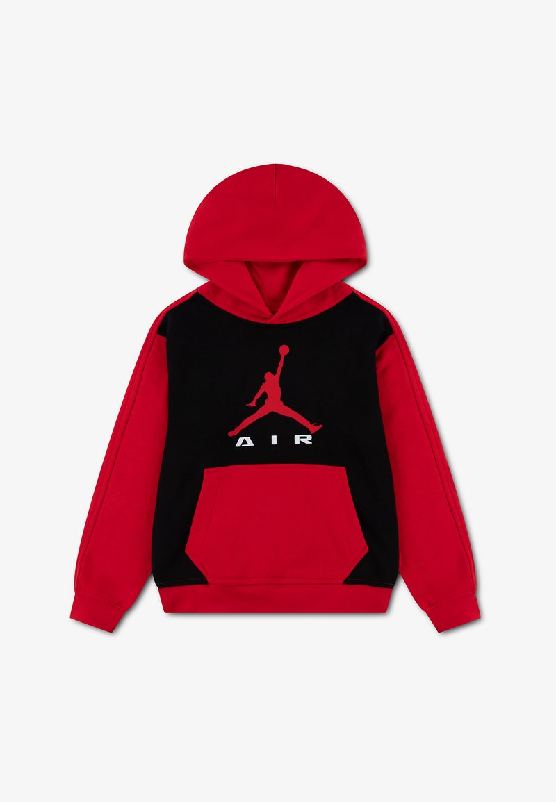 Sweat à capuche rouge et noir avec poche avant, silhouette Jumpman blanche et texte "AIR" sur la poitrine.
