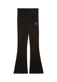 Pantaloni neri a zampa d'elefante realizzati in tessuto elasticizzato, con una cintura spessa e un piccolo logo su un lato, texture liscia e cuciture curate.