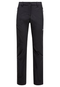 Black outdoor pants made of durable material, featuring zippered pockets, a straight fit, knee panels, and minimal branding.
