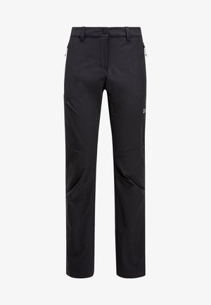 Pantalons d'extérieur noirs en matériau durable, dotés de poches zippées, d'une coupe droite, de panneaux au niveau des genoux et d'un marquage minimal.
