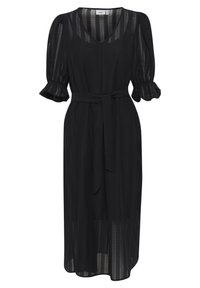 Černé šaty střední délky s véčkovým výstřihem, nabíranými rukávy a volány na manžetách. Vyrobené z průsvitné látky s páskem na zavázání v pase.