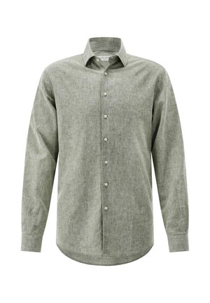 Hellgraues Hemd mit langen Ärmeln, klassischem Kragen und weißen Knöpfen, auf weißem Hintergrund gezeigt.