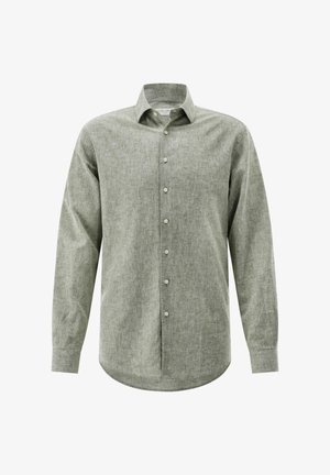 Hellgraues Hemd mit langen Ärmeln, klassischem Kragen und weißen Knöpfen, auf weißem Hintergrund gezeigt.