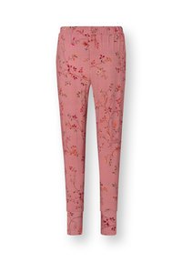 Pink tapered pants with elastic waist, decorated with multicolored delicate floral and vine patterns.