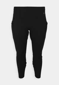 Sorte atletiske capri-bukser med bred taljebånd, to sidelommer og glat, strækbart stof. Har flade sømme og en subtil logo-detalje.