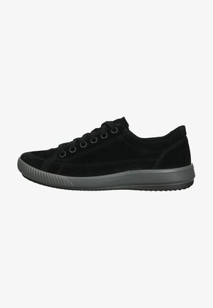 Black suede sneaker with a rounded toe, gray rubber sole, six eyelet lace-up closure, and subtle stitching details.