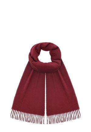 Burgundzka szalik z miękkiego materiału, charakteryzujący się gładką fakturą i frędzlami na brzegach, ułożony w kształt okrągłej pętli.