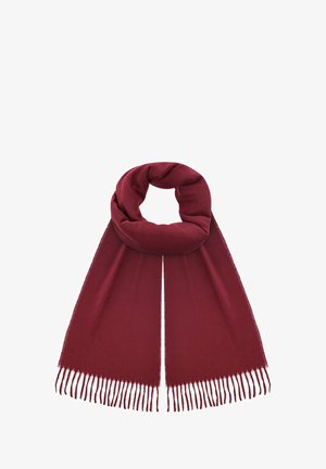 Burgundzka szalik z miękkiego materiału, charakteryzujący się gładką fakturą i frędzlami na brzegach, ułożony w kształt okrągłej pętli.